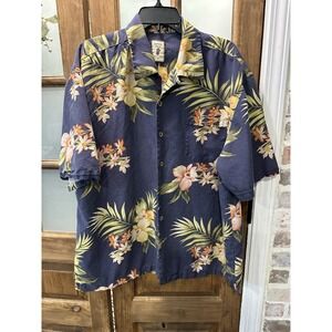 Jamaica Jaxx Shirt Mens Size XL Silk Blue Floral Hawaiian Short Sleeve Button Up